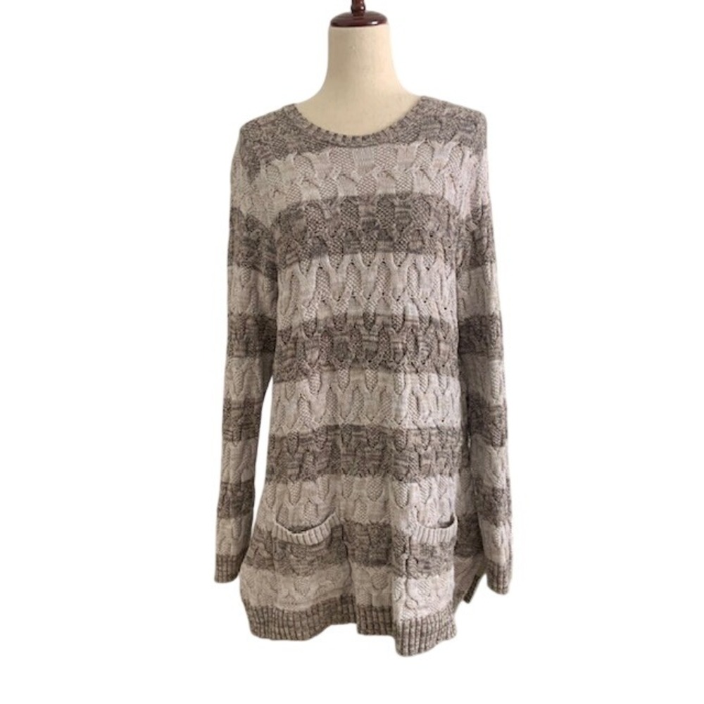 Chunky Cotton Knit Cardigan XL Neutral Graige Boho Chic Pockets Coastal Grandma